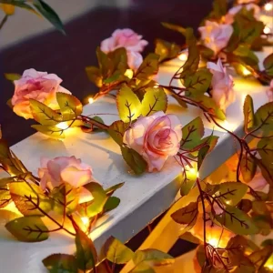 Artificial Pink Rose Garland with LED Lights